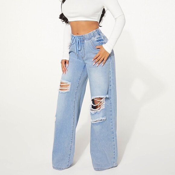 Light Wash Casual Women's Drawstring Waist Cut Out Ripped Wide Leg Jeans - Picture 5 of 5